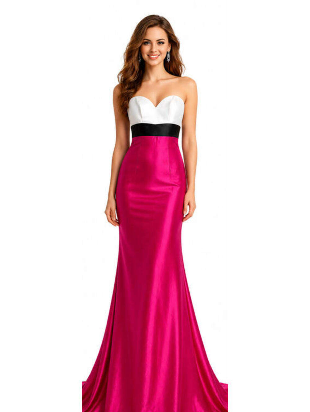 Strapless Fuchsia Prom Gown White Sweetheart Bodice Black Bow Back Train Sz 4